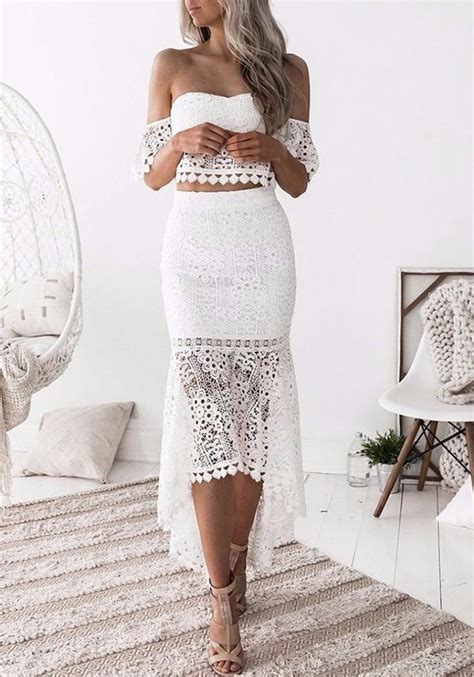 White Lace Swallowtail Mermaid Off Shoulder Backless Two Piece Party