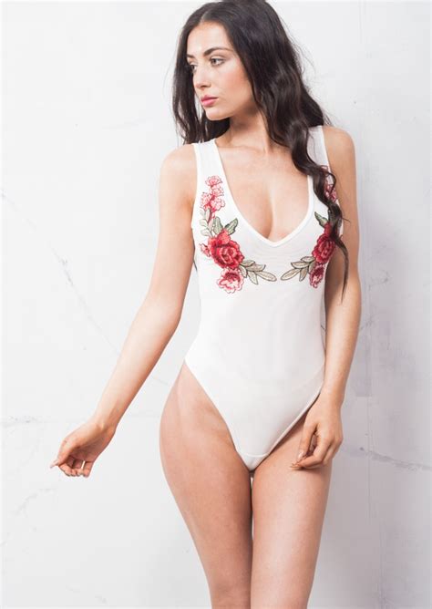 Plunge Neck Mesh With Embroidered Floral Motif Bodysuit White