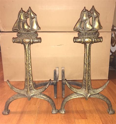 Vintage Ship Anchor Brass And Cast Iron Nautical Andirons Unknown