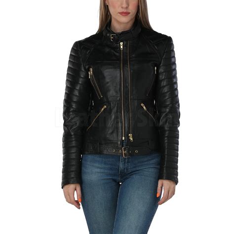 Women Yellow Brando Belted Leather Jacket With Shoulder Epaulettes Leather Skin Shop