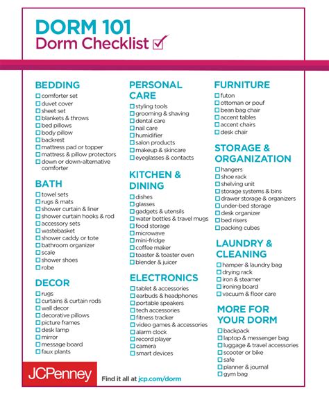 Printable Dorm Room Checklist