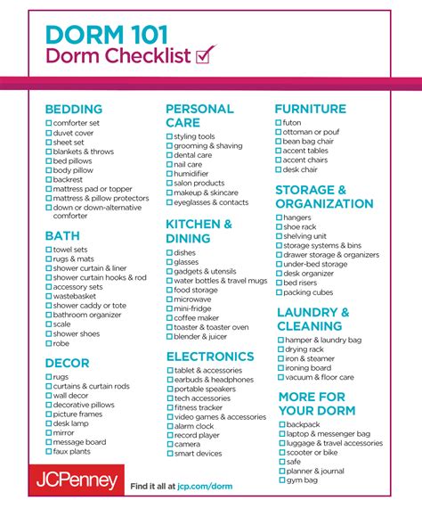 printable dorm room essentials