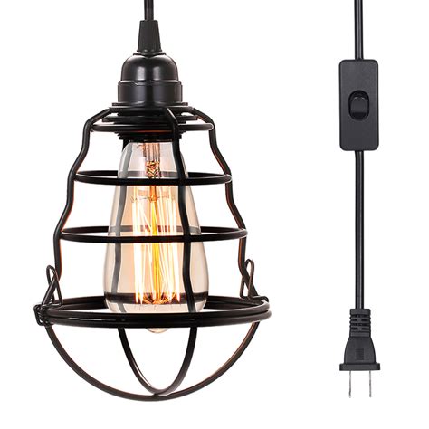 Industrial Plug In Pendant Light Onoff Switch Vintage Hanging Cage
