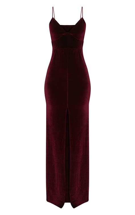 Burgundy Velvet Plunge Strappy Split Detail Maxi Dress Prettylittlething