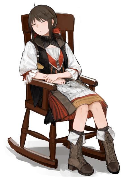 Safebooru 1girl Absurdres Boots Bow Brown Hair Chair Closed Eyes