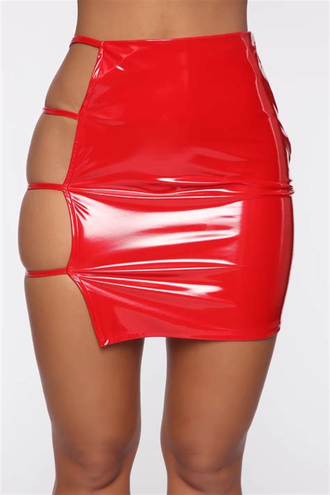 Omsj High Waist Pencil Skirt Women 2020 Summer New Club Sexy Hollow Out Red Skirt Pu Leather