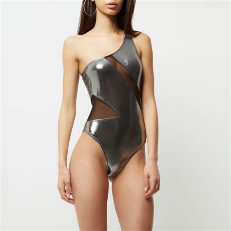 Lyst River Island Silver Metallic Mesh One Shoulder Swimsuit In Metallic