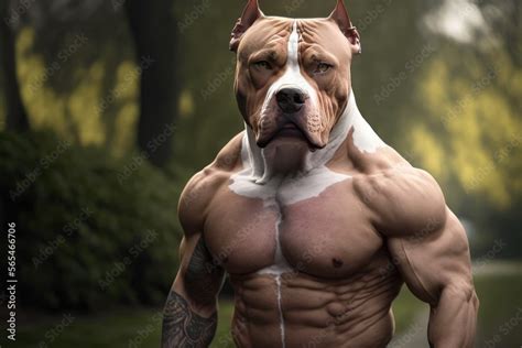 A Bold Illustration Of A Muscle Pitbull Dog With Human Form Generative