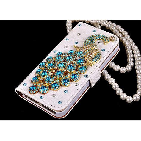 Bling Diamond Crystal Peacock Leather Flip Wallet Phone Case Rhinestone