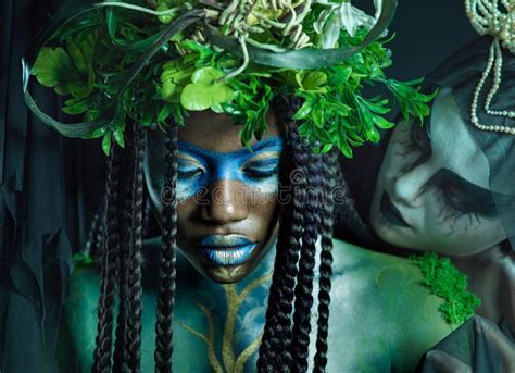 Plant Crown And Fantasy With Black Woman And Queen For Evil Halloween