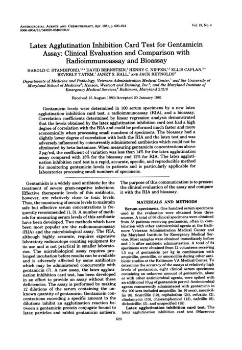 PDF Latex Agglutination Inhibition Card Test For Gentamicin Assay Clinical Evaluation And