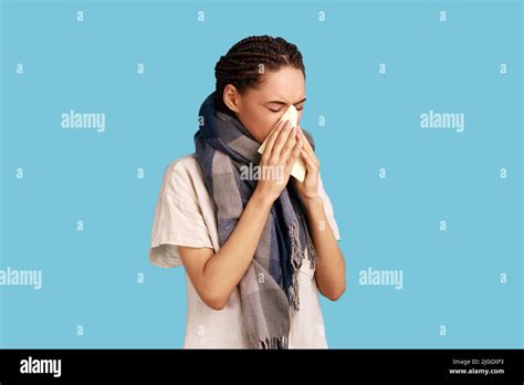 Unhealthy Woman Feels Unwell Blows Nose In Tissue Suffers From Running Nose Cold Symptoms Or