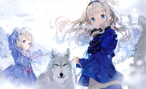Download 3271x2002 Anime Girls Wolf Winter Wind Snow Loli Blue Eyes Wallpapers