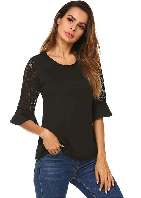 Womens Round Neck 34 Bell Sleeve Solid Blouse Top T Shirt Black