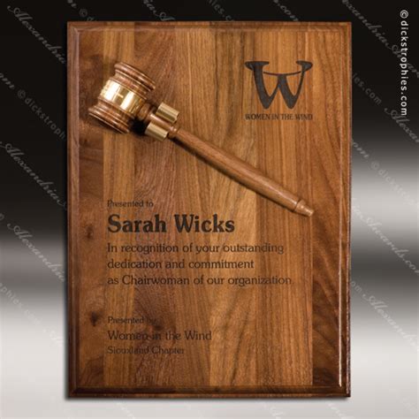 Engraved Walnut Plaque Gavel Mount Removable Etched Wall Plaque Award