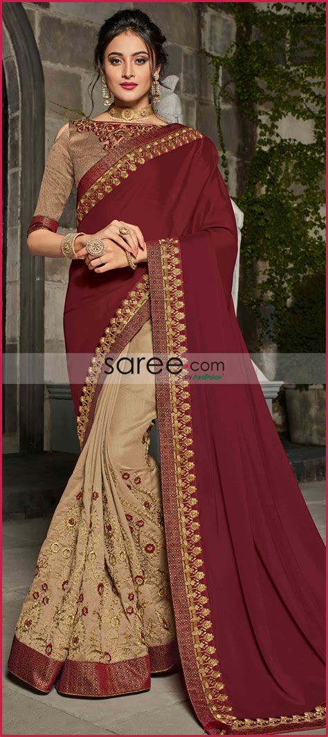 Maroon And Beige Georgette Silk Saree With Zari Embroidery Party Wear