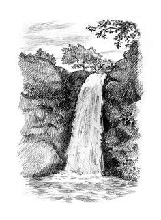 Waterfall Sketch at PaintingValley.com | Explore ... Hey everyone, hope you are doing great 😊 in this video i show you how to draw beautiful moonlight waterfall scenery, using oil pastels for beginners.