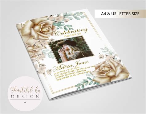 8 Page Gold Flowers Funeral Program Template Celebration Of Etsy