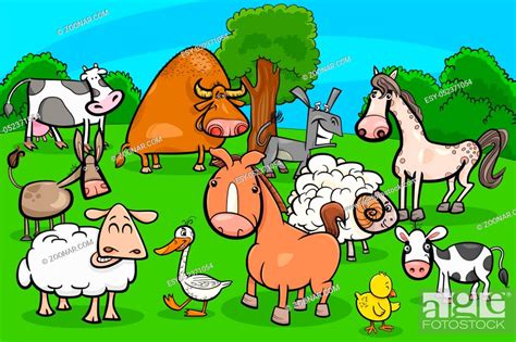 Cartoon Illustration Of Cute Farm Animal Characters Group Stock Photo