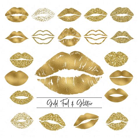 Gold Foil And Glitter Lips Kisses Clipart Metallic Golden Etsy