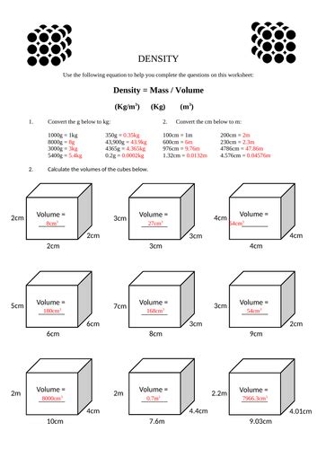 Density Mass And Volume Calculations Worksheet With Answers Gcse