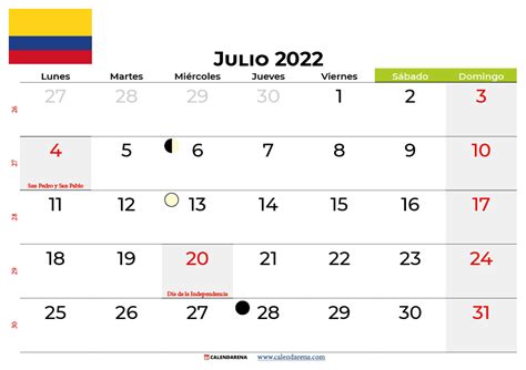 Descargar Calendario Julio 2022 Colombia Para Imprimir