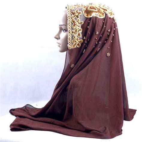 muslim chiffon hijab beaded femme musulman gold diamonds sequins long scarf hijabs hoofddoek