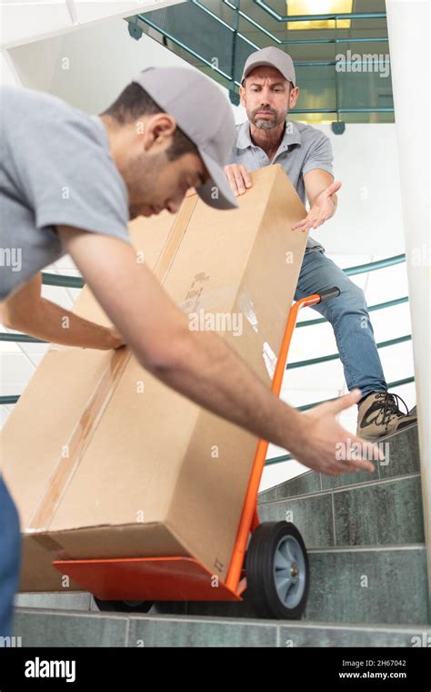 hombre ayudando a su compañero de trabajo a llevar caja de cartón Fotografía de stock Alamy