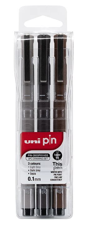 Uni Pin Fine Line Pen 3 Piece Set Assorted Colours