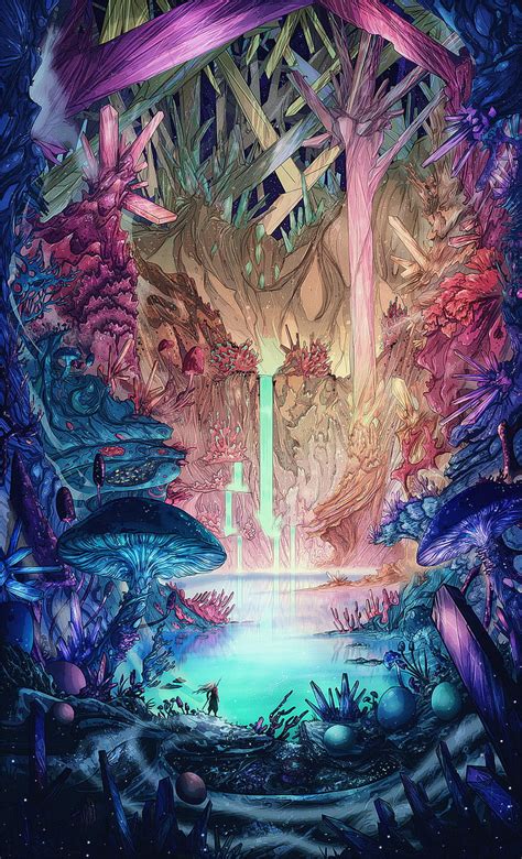 Hd Wallpaper Colorful Lake Forest Fantasy Art Crystal Waterfall Mushroom Wallpaper Flare