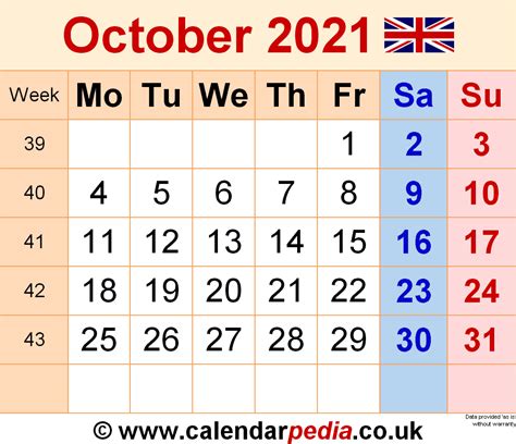 Calendar October 2021 Uk With Excel Word And Pdf Templates