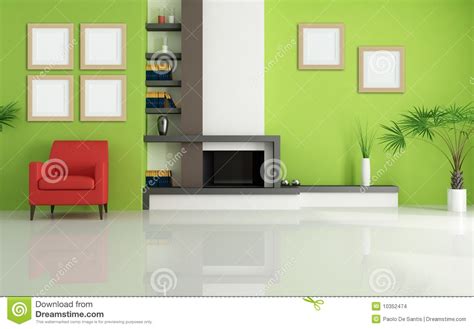 Green Living Room With Modern Fireplace Stock Images