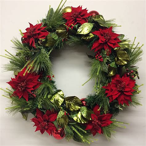 Elegant Christmas Wreath With Red Velvet Poinsettia And Natural Foliage