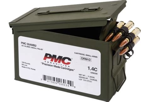 Pmc Bronze 50 Bmg Rifle Ammo 660 Grain Fmj Bt 100rd Ammo Can