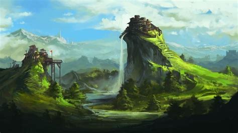 Hd Art Fantasy Landscape Hills Fort Mountains Waterfalls Buildings