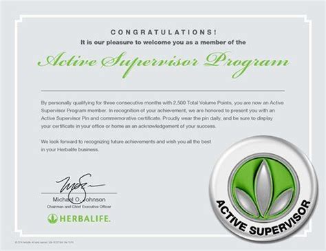 Active Supervisor Program Certificate Herbalife Business Herbalife