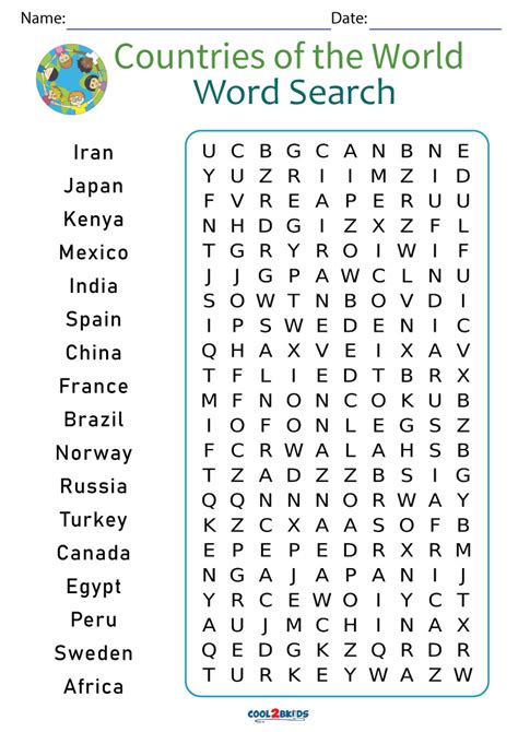 Printable Countries Word Search Cool2bkids