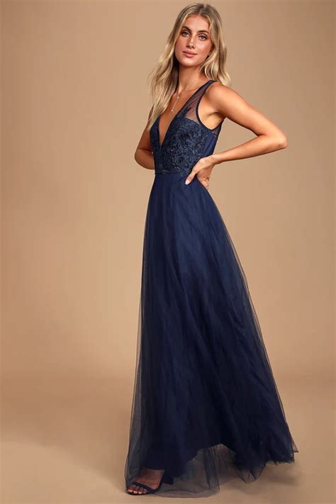 Legendary Evening Navy Blue Lace Sleeveless Maxi Dress Chiffon Lace