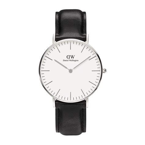 daniel wellington classic sheffield stainless steel watch with black leather strap and white