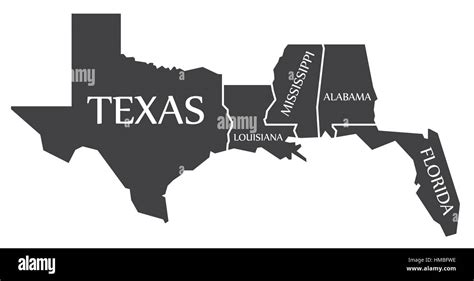Texas Louisiana Mississippi Alabama Florida Map Labelled Black