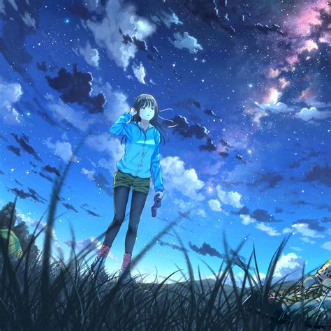 Anime Girls Night Sky Scenery Clouds Stars 4k 64