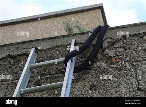 A Photo Of A Metal Ladder Tied By A Black Rope To A Stone Wall Stock