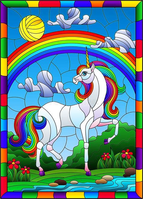Stained Glass Illustration With Bright Unicorn On The Background Of A