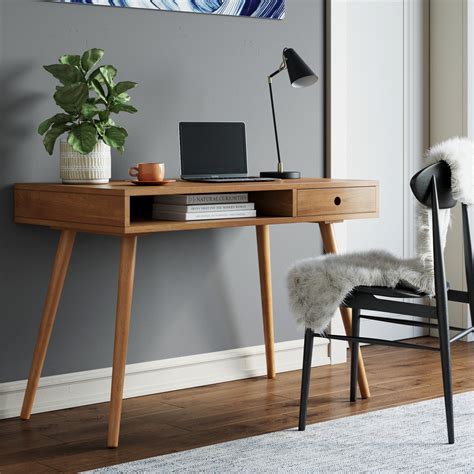 nathan james parker modern home office desk in walnut wood with open storage cubby and small