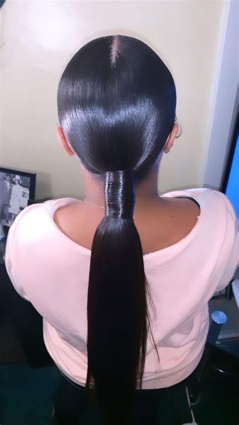 Black Hairstyles Low Ponytail Middle Part Straight Weave Hair Black