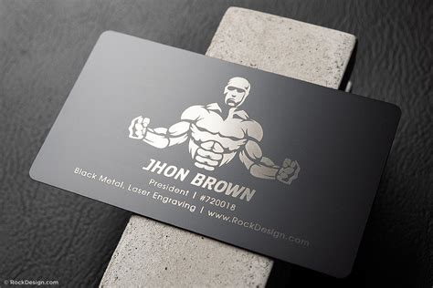 Make a fitness business card online. Bold fitness quick black metal business card template - Stlong