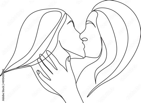 Continuous Drawing Of Two Lesbians Kissing Each Other Stock Vector