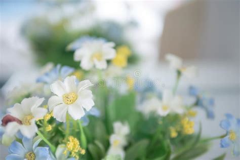 Beautiful Blooming Of Fake Flower And Green Leaf With Blurred