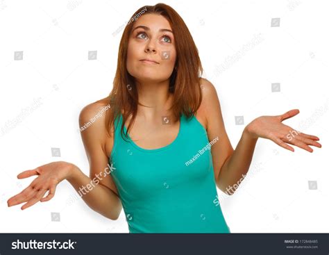 Woman Throws Her Hands She Did Not Understand Surprised Looks Upwards Isolated On White
