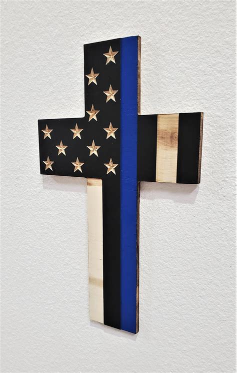 Thin Blue Line Wooden Cross American Flag Police Officer Etsy